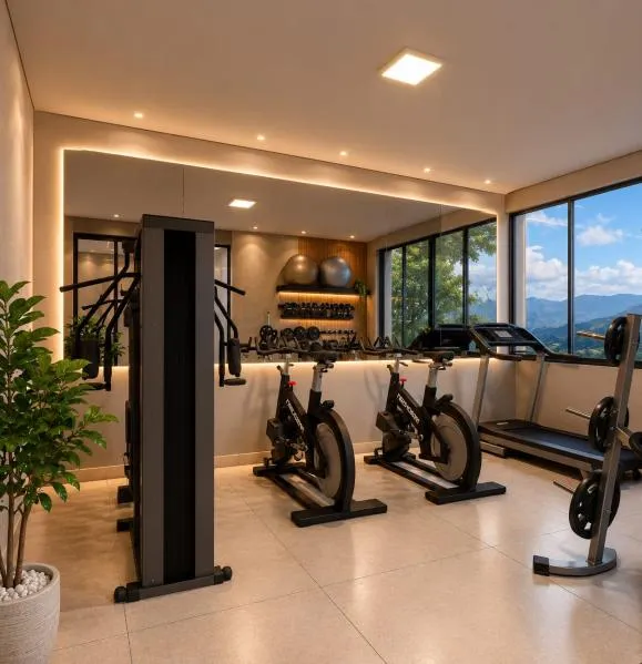 Academia equipada com bicicletas e estação de musculação