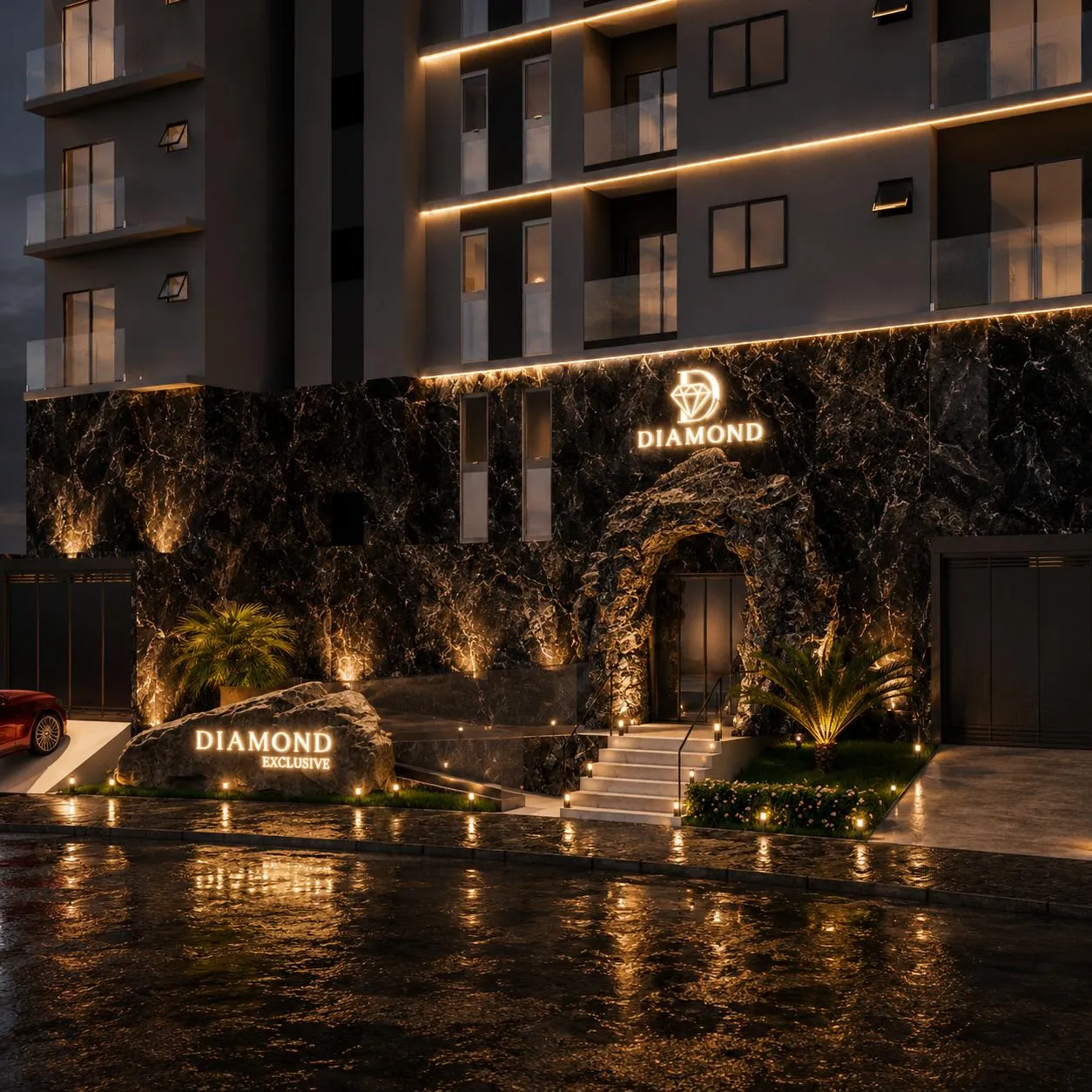 Portaria esculpida em rocha com o letreiro Diamond iluminado