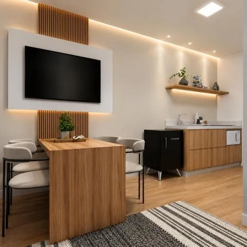 Cozinha compacta e TV no studio