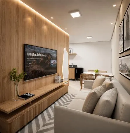 Sala de estar com painel ripado e TV