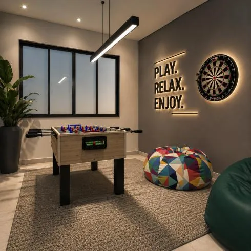 Sala de jogos com pebolim e dardos