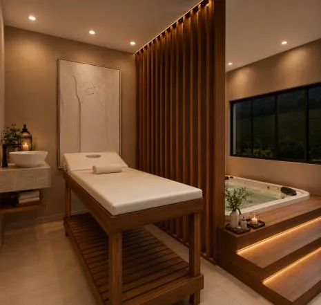 Sala de massagem com maca e banheira