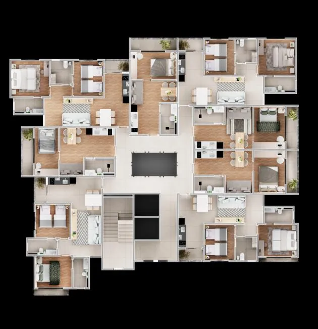 Planta humanizada do pavimento tipo com oito apartamentos