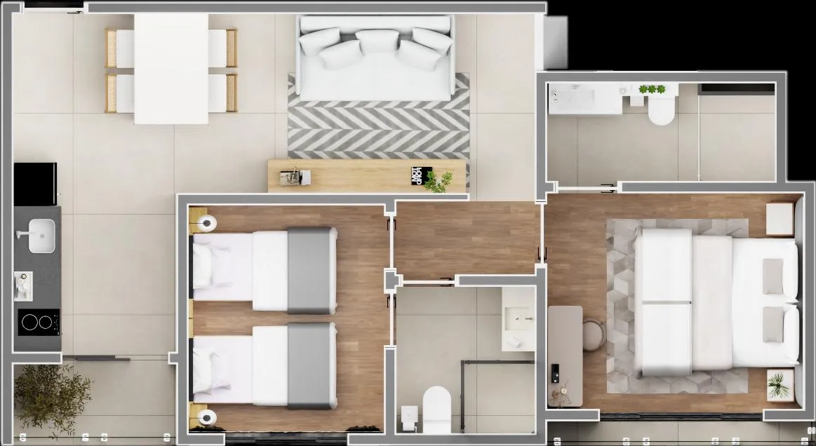 Planta humanizada do apartamento de 50 m²