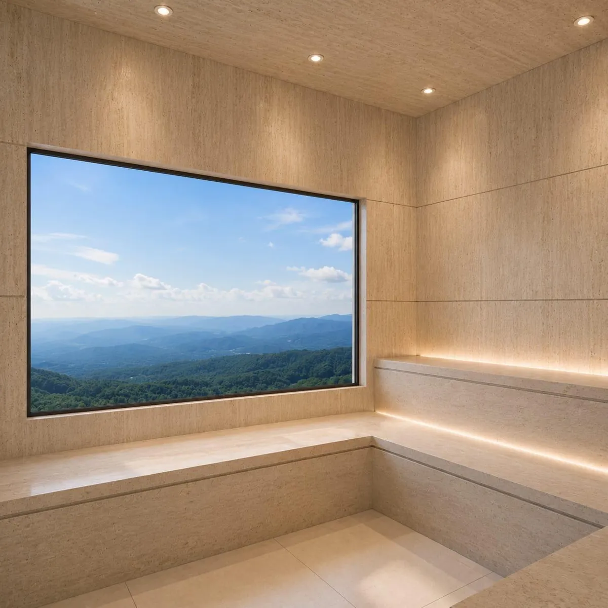 Sauna com janela panorâmica para a serra