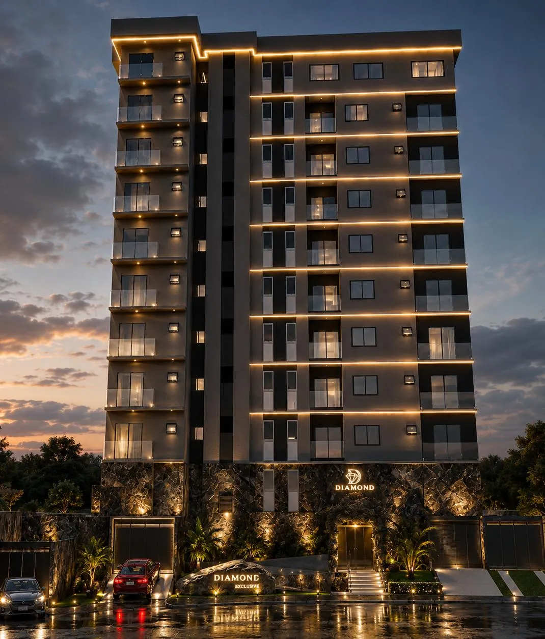 Torre do Diamond Exclusive ao entardecer, com frisos de luz dourada em cada pavimento
